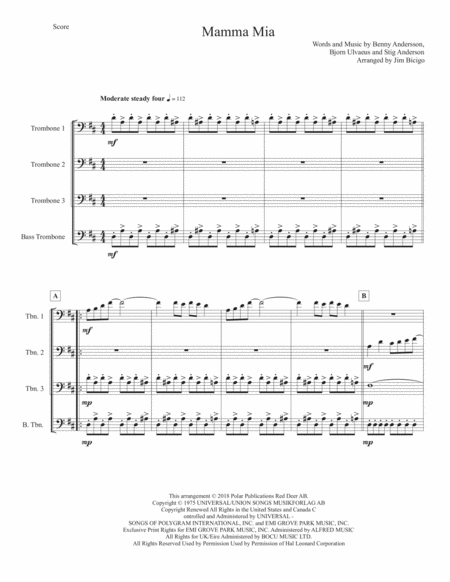 Free Sheet Music Mamma Mia Original Key