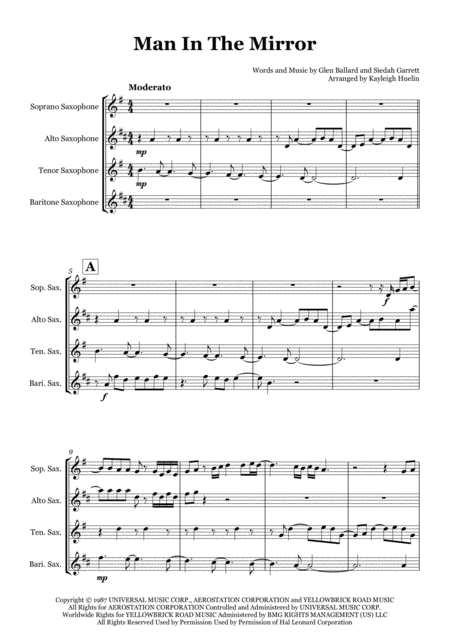 Man In The Mirror By Michael Jackson Saxophone Quartet Satb Sheet Music