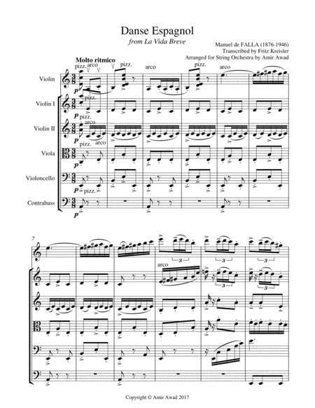 Manuel De Falla Spanish Dance La Vida Breve Arranged For Solo Violin And String Orchestra Violin By Kreisler Sheet Music