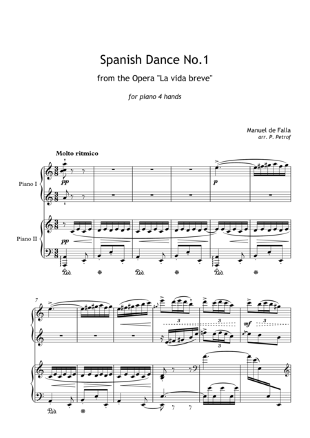 Manuel De Falla Spanish Dance No 1 From The Opera La Vida Breve For Piano 4 Hands Sheet Music