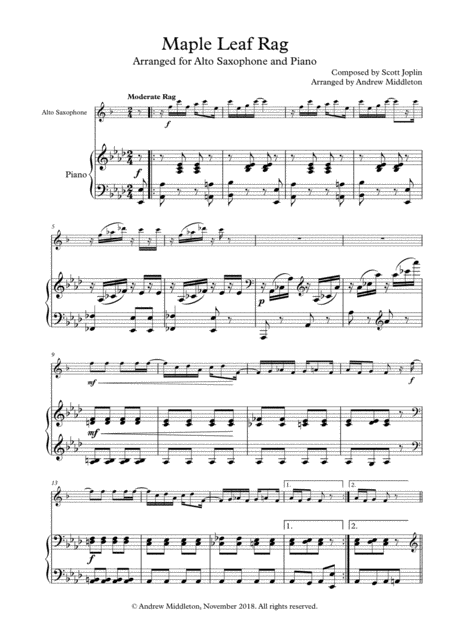 Free Sheet Music Maple Leaf Rag For Alto Saxophone And Piano