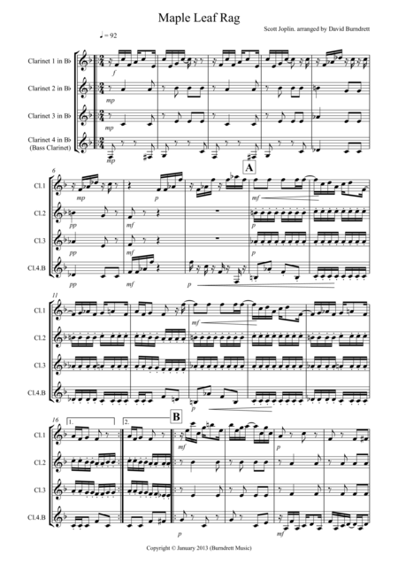 Free Sheet Music Maple Leaf Rag For Clarinet Quartet