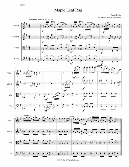 Maple Leaf Rag For String Quartet Sheet Music