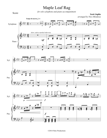 Free Sheet Music Maple Leaf Rag Xylophone Solo With Piano Accompaniment