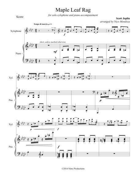 Maple Leaf Rag Xylophone Solo With Piano Accompaniment Sheet Music