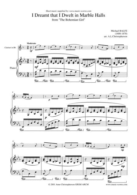 Marble Halls From The Bohemian Girl Clarinet And Piano Sheet Music