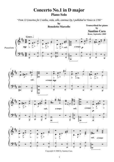 Free Sheet Music Marcello B Concerto No 1 In D Major Piano Version