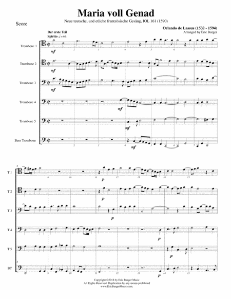 Free Sheet Music Maria Voll Genad For Trombone Or Low Brass Sextet