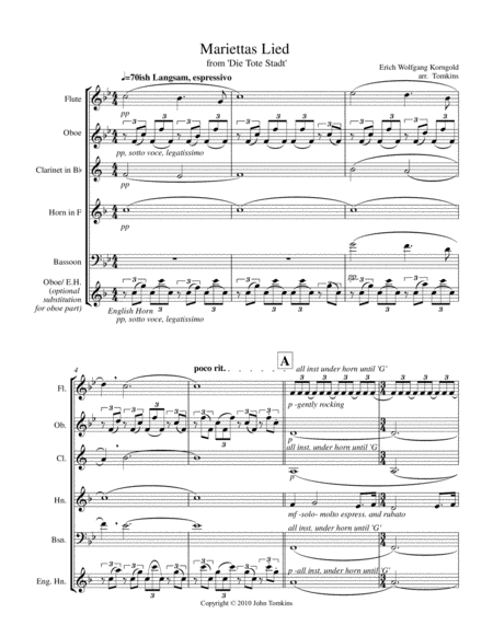 Mariettas Lied Glck Das Mir Verblieb Arranged For Wind Quintet Sheet Music