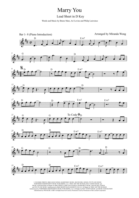 Free Sheet Music Marry You Lead Sheet In D Key With Chords