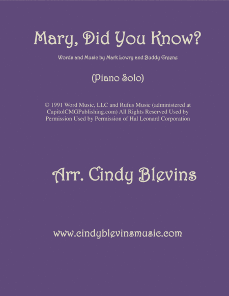 Mary Did You Know Arranged For Piano Solo Sheet Music