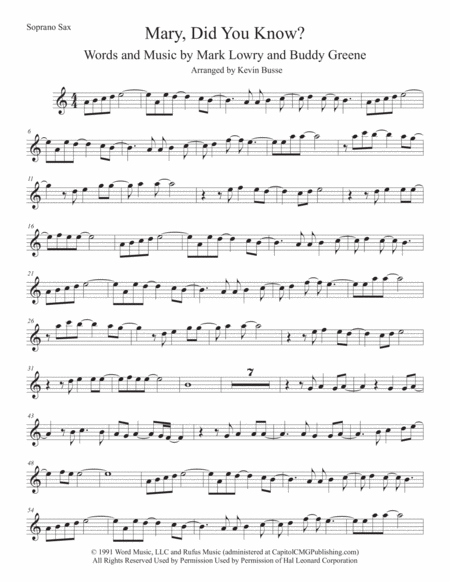 Free Sheet Music Mary Did You Know Easy Key Of C Soprano Sax