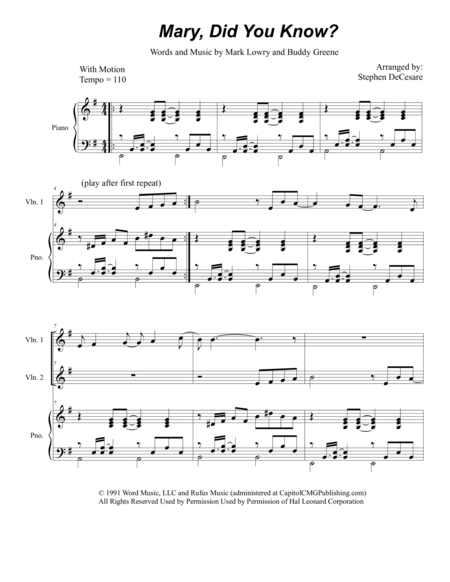 Free Sheet Music Mary Did You Know For 2 Violins
