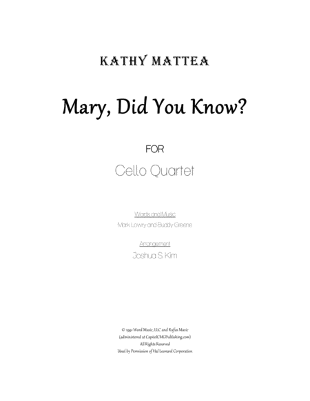 Mary Did You Know For 4 Cellos Sheet Music