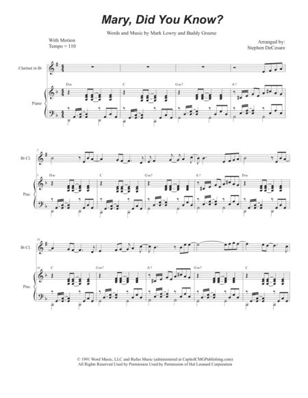 Free Sheet Music Mary Did You Know For Bb Clarinet Solo And Piano