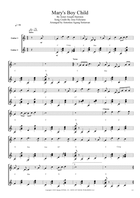 Marys Boy Child Duet Guitar Score Sheet Music