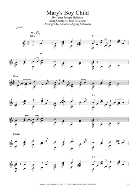 Marys Boy Child Solo Guitar Score Sheet Music