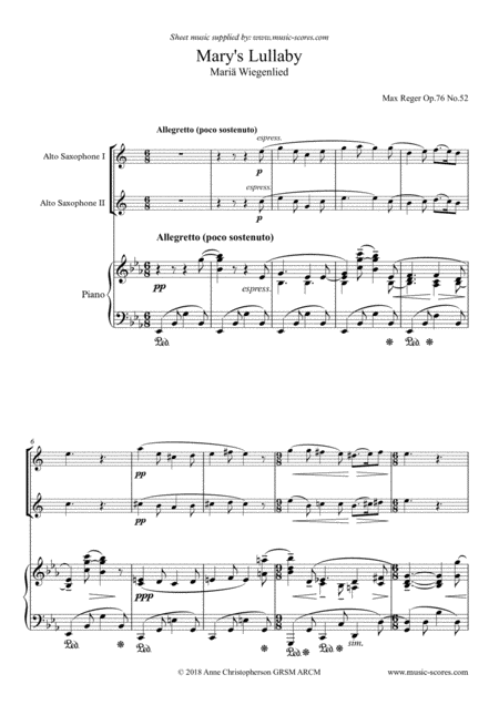 Marys Lullaby Or Maria Wiegenlied 2 Alto Saxes And Piano Sheet Music