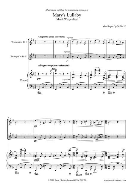 Free Sheet Music Marys Lullaby Or Maria Wiegenlied 2 Trumpets And Piano