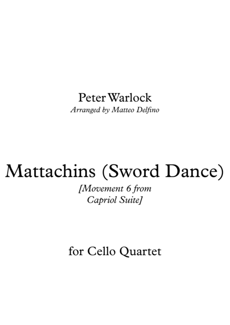 Mattachins Sword Dance Movement 6 From Capriol Suite Cello Quartet Sheet Music