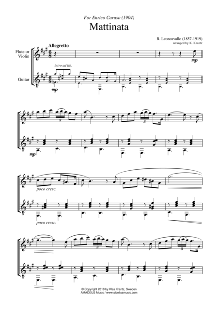 Mattinata A Major For Violin Or Flute And Guitar Sheet Music