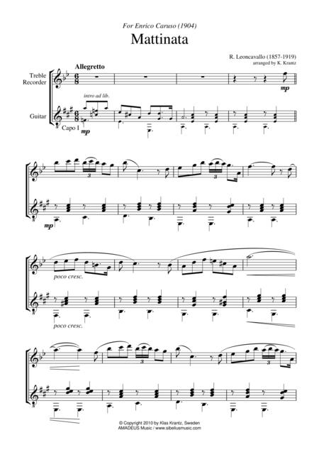 Free Sheet Music Mattinata For Treble Recorder And Guitar