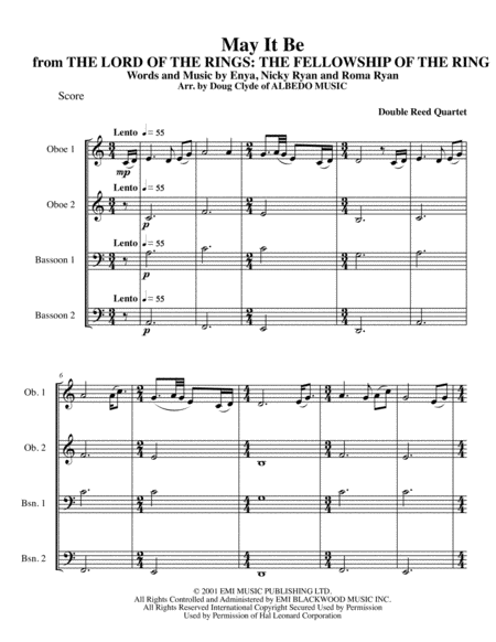 May It Be From The Lord Of The Rings The Fellowship Of The Ring For Double Reed Quartet Sheet Music