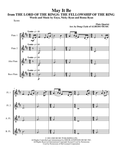 Free Sheet Music May It Be From The Lord Of The Rings The Fellowship Of The Ring For Flute Quartet