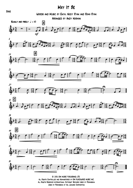 Free Sheet Music May It Be Oboe Solo With Wind Quintet