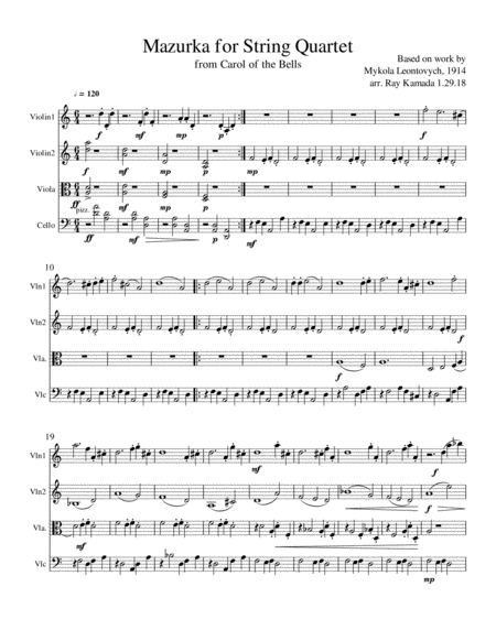 Free Sheet Music Mazurka For String Quartet From Carol Of The Bells