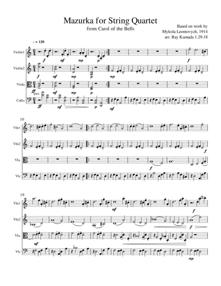 Mazurka For String Quartet From Carol Of The Bells Sheet Music