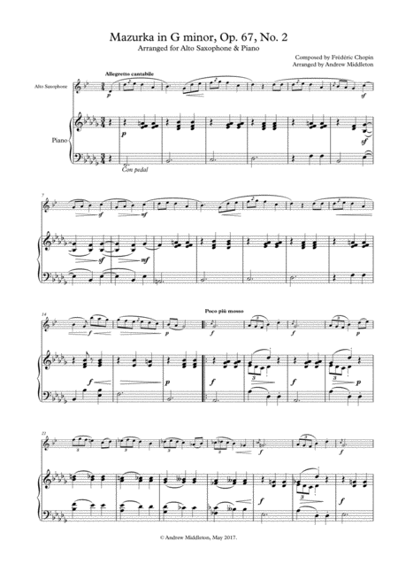 Free Sheet Music Mazurka In G Minor Op 67 No 2 For Alto Saxophone And Piano