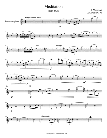 Free Sheet Music Meditation For Tenor Saxophone And Piano Easy