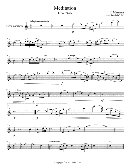 Meditation For Tenor Saxophone And Piano Easy Sheet Music