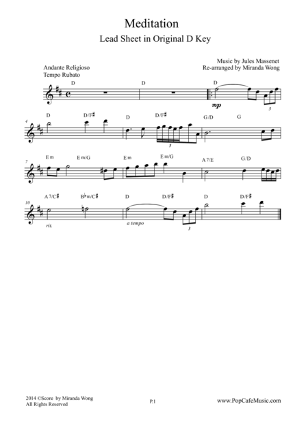 Meditation From Thais Lead Sheet In Original D Key Sheet Music