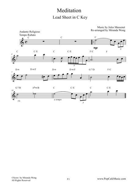 Free Sheet Music Meditation From Thais Violin Solo In C Key
