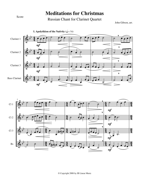 Meditations For Christmas Russian Chant For Clarinet Quartet Sheet Music