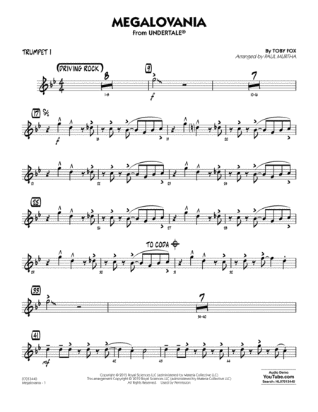 Free Sheet Music Megalovania Arr Paul Murtha Trumpet 1