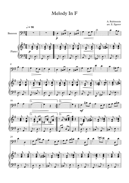 Free Sheet Music Melody In F Anton Rubinstein For Bassoon Piano