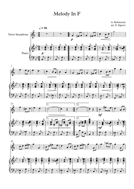 Free Sheet Music Melody In F Anton Rubinstein For Tenor Saxophone Piano