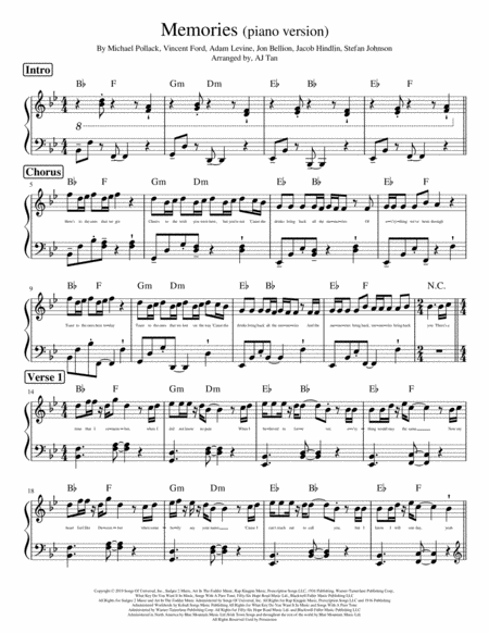 Free Sheet Music Memories By Maroon 5 Piano Version