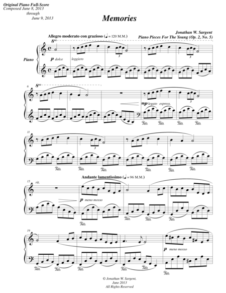 Memories Piano Pieces For The Young No 5 Op 2 Sheet Music