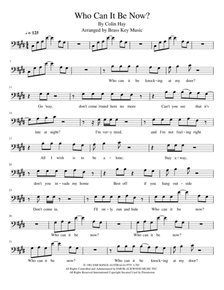 Men At Work Who Can It Be Now Trombone Sheet Music