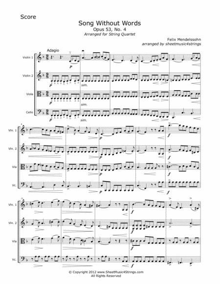 Mendelssohn F Song Without Words For String Quartet Sheet Music