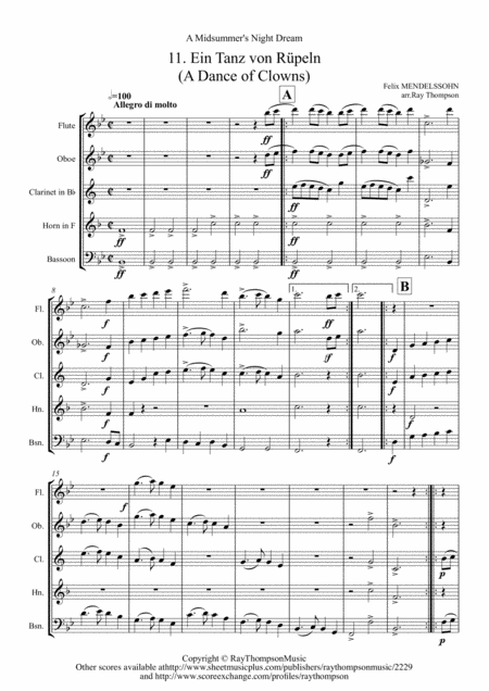 Mendelssohn Incidental Music From A Midsummer Nights Dream Op 61 11 Ein Tanz Von Rpeln A Dance Of Clowns Wind Quintet Sheet Music