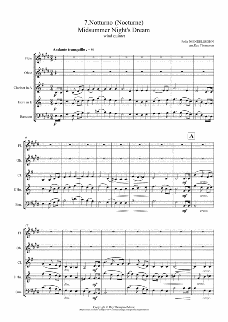 Free Sheet Music Mendelssohn Incidental Music From A Midsummer Nights Dream Op 61 7 Notturno Nocturne Wind Quintet Featuring Horn