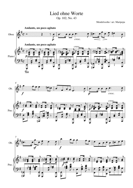 Mendelssohn Lied Ohne Worte Arrangement For Oboe And Piano Sheet Music