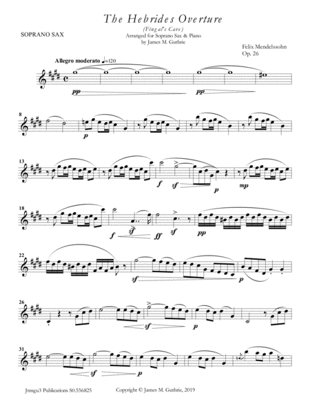 Free Sheet Music Mendelssohn The Hebrides Overture For Soprano Sax Piano
