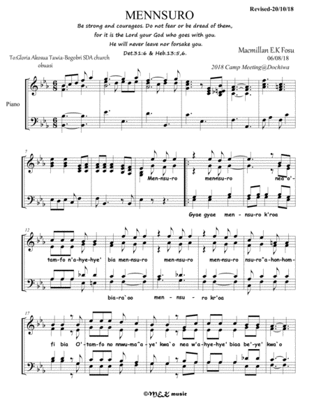 Mennsuro A Song Of Encouragement To Remove Fear From Christians Sheet Music