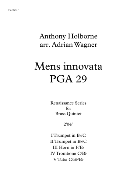 Mens Innovata Pga 29 Anthony Holborne Brass Quintet Arr Adrian Wagner Sheet Music